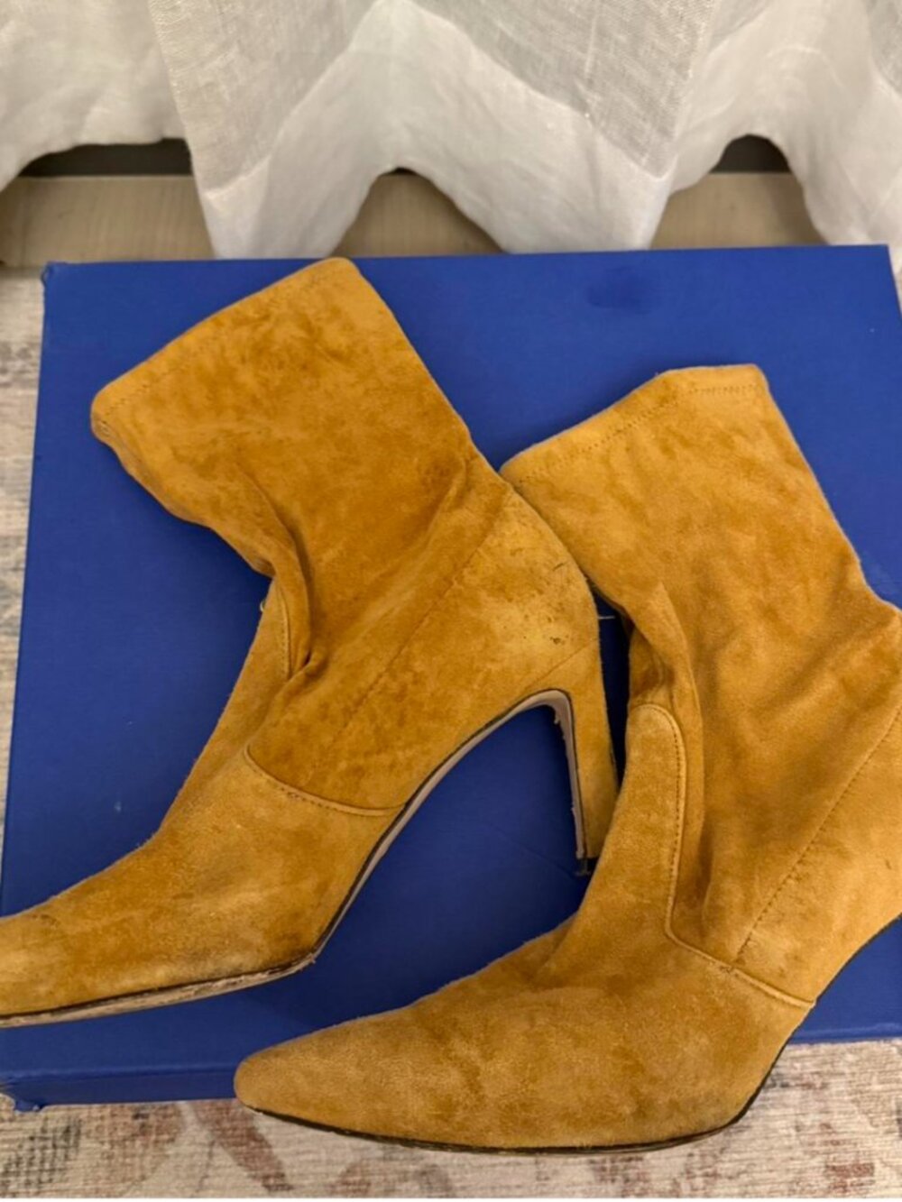 Stuart Weitzman Rapture 75 Tan Suede Sock Bootie Heeled Boots 6.5